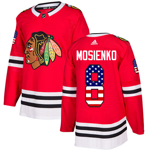 Adidas Blackhawks #8 Bill Mosienko Red Home Authentic USA Flag Stitched NHL Jersey - Click Image to Close
